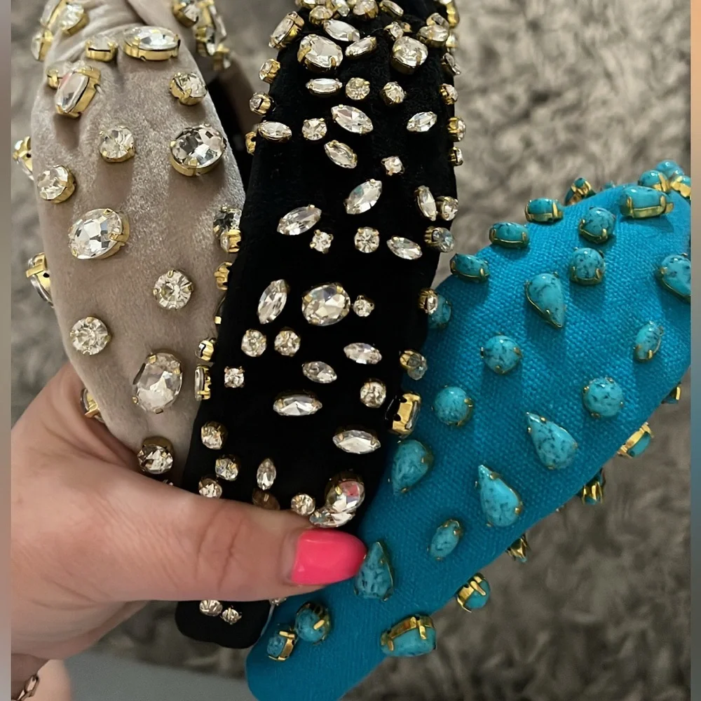Lele Sadoughi Crystal-Embellished Velvet Headbands in Beige, Black & Turquoise
